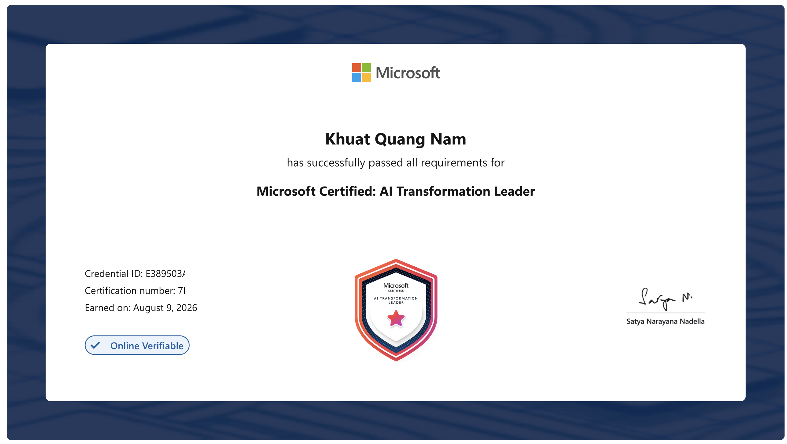 Microsoft Certified: AI Transformation Leader earned by Shanks