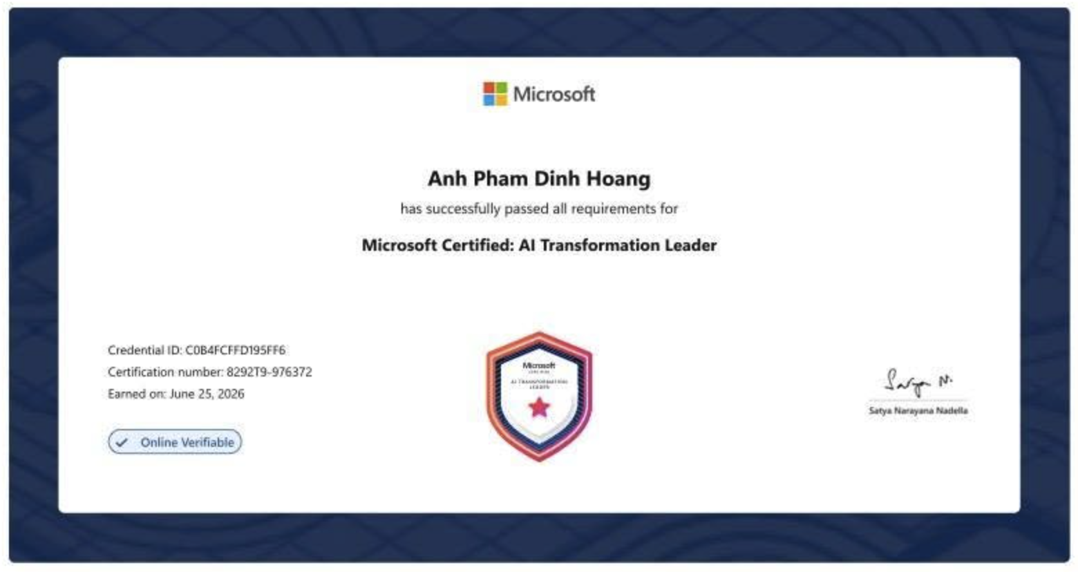 Microsoft Certified: AI Transformation Leader earned by Akita