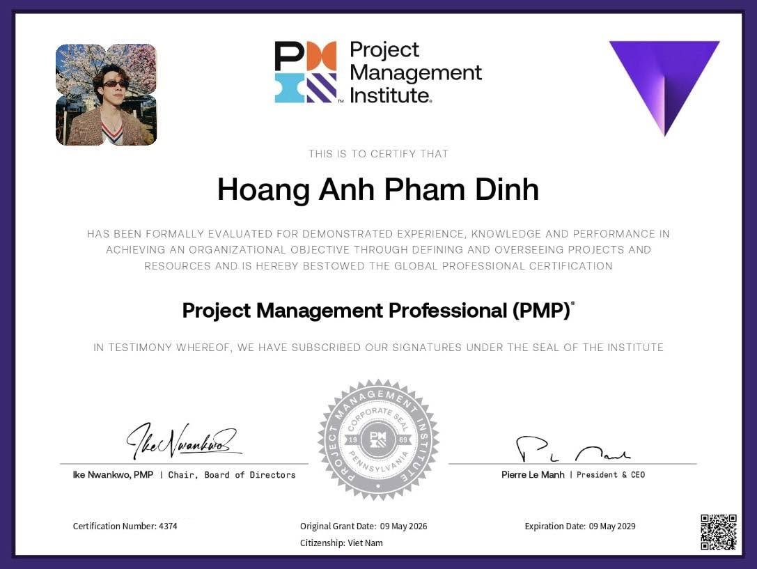 Project Management Professional (PMP) earned by Akita