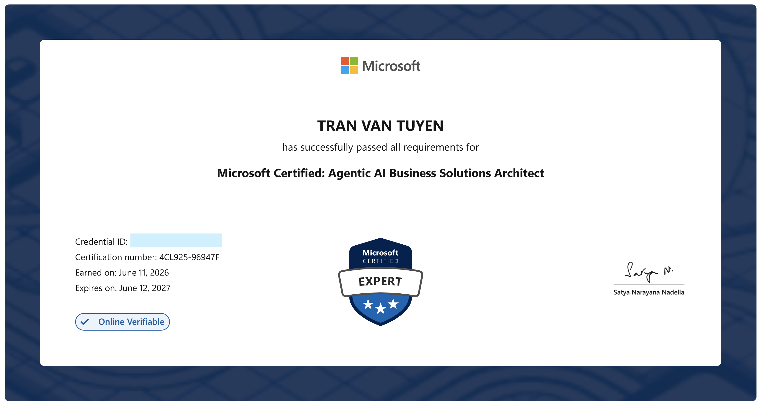 Microsoft Certified: Agentic Al Business Solutions Architect earned by Billy