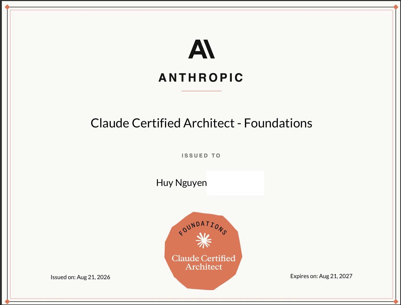 Claude Certified Architect - Foundations earned by Huy Nguyen