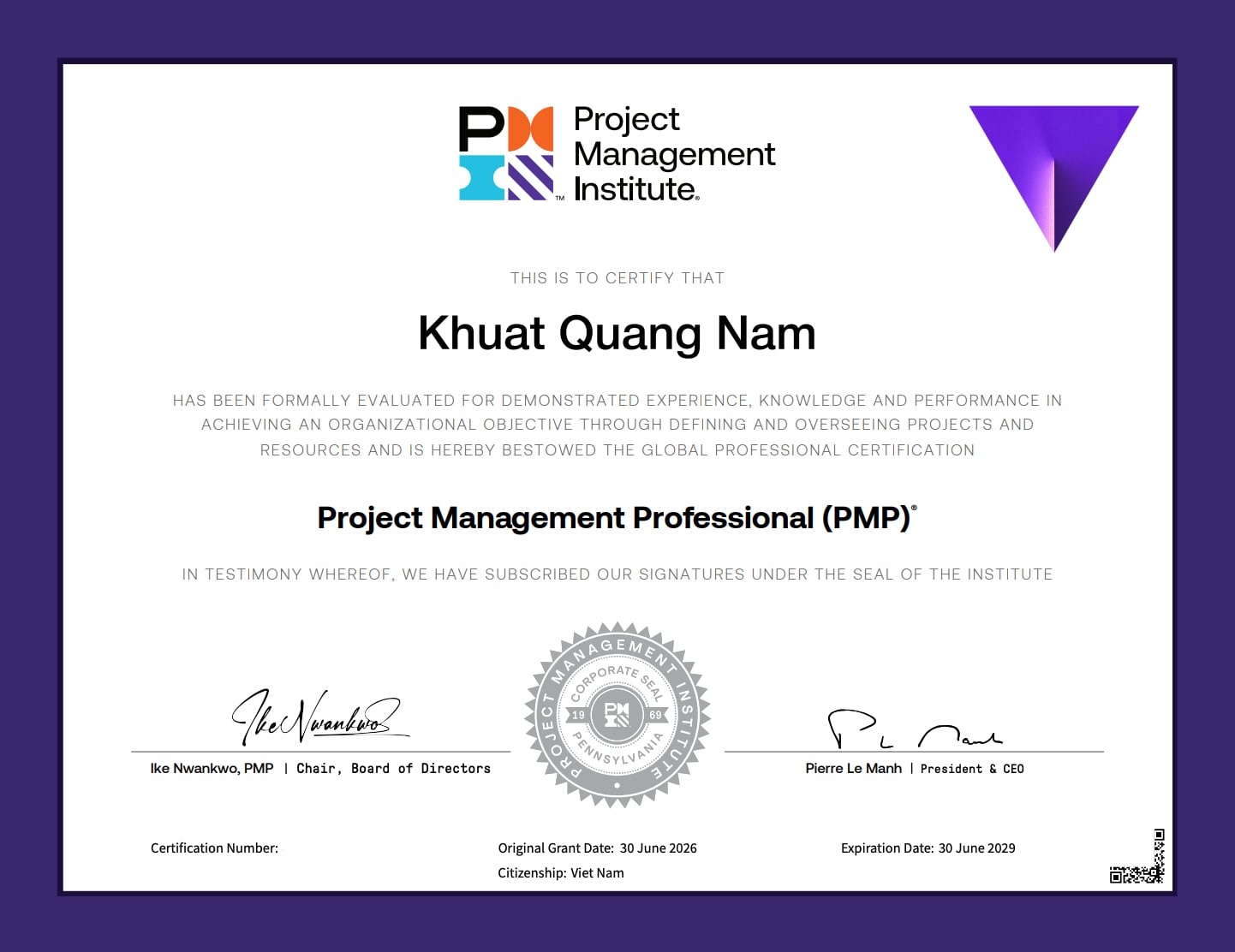 Project Management Professional (PMP) earned by Shanks