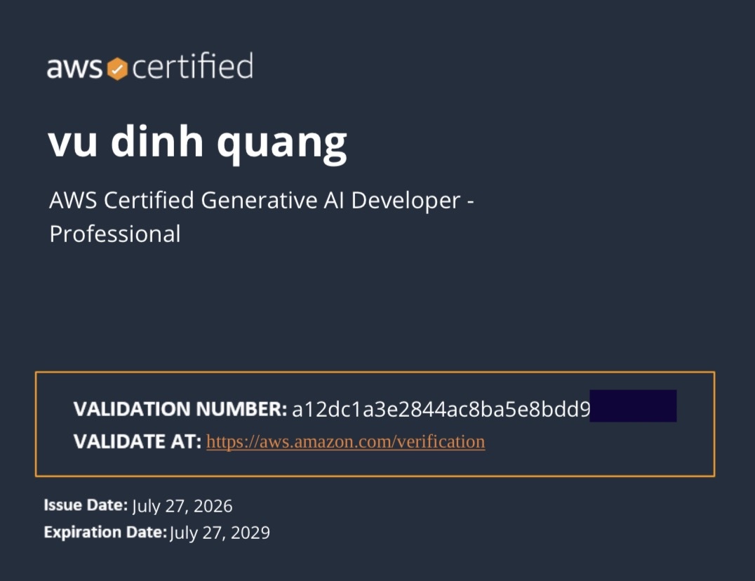 AWS Certified Generative Al Developer - Professional earned by Quang
