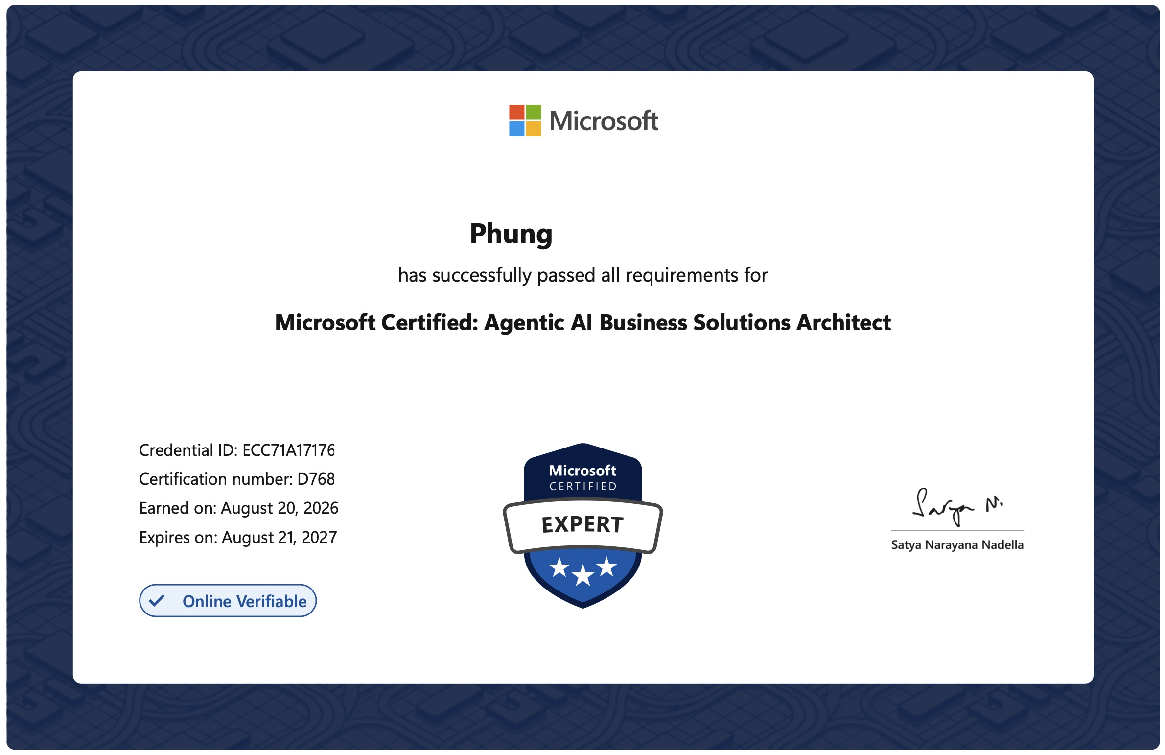 Microsoft Certified: Agentic AI Business Solutions Architect earned by DevlaAi889294