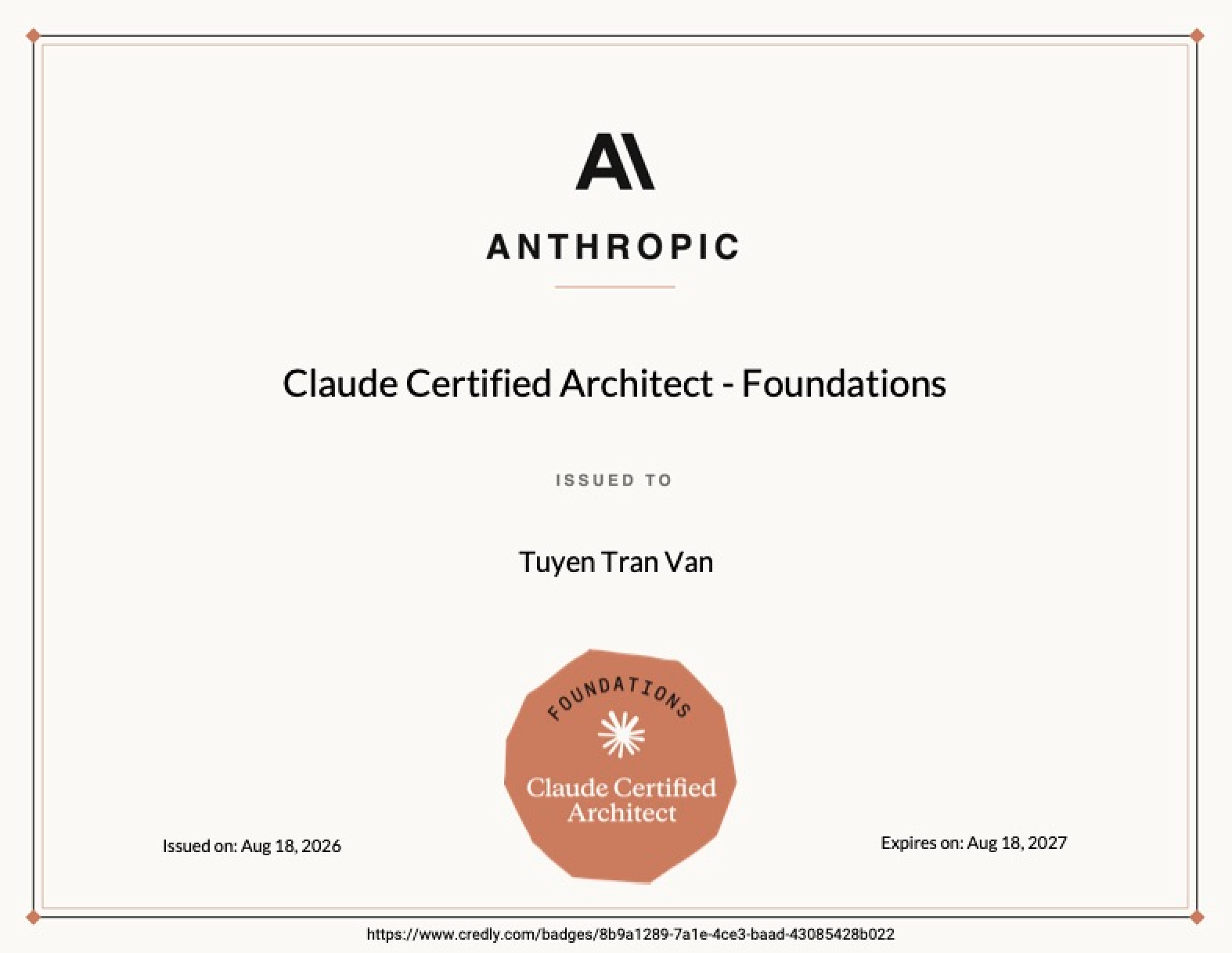 Claude Certified Architect - Foundations earned by Billy