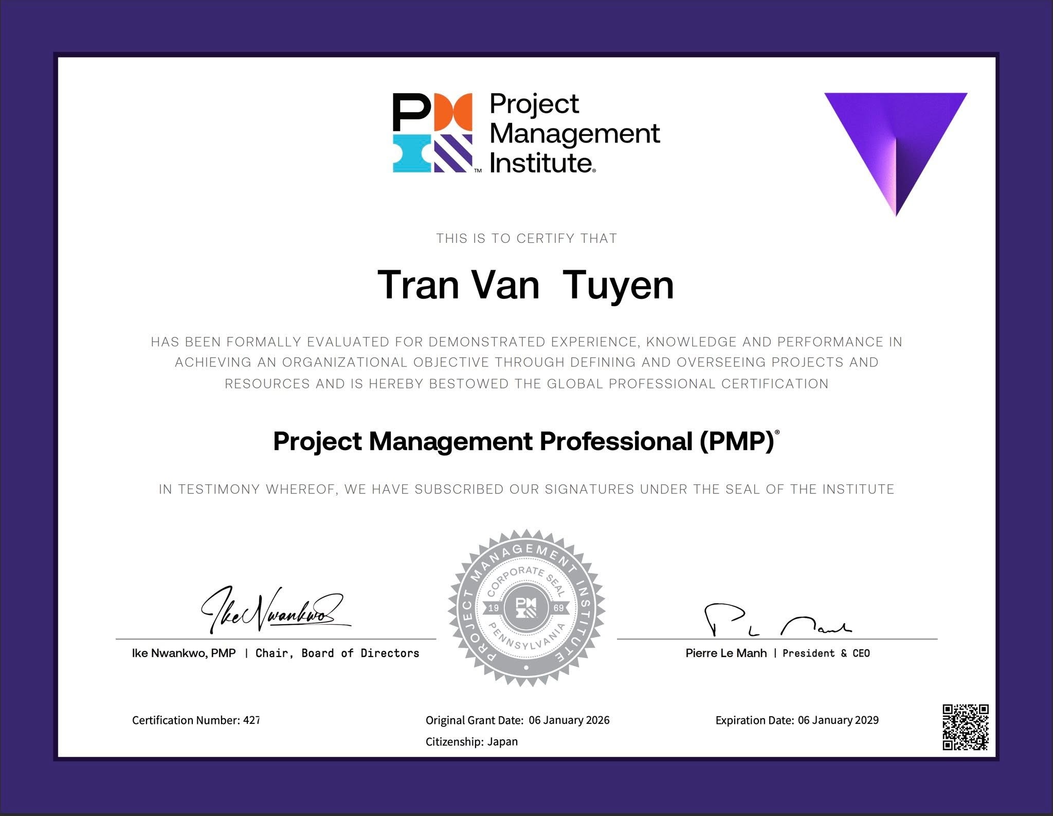 Project Management Professional (PMP) earned by Billy